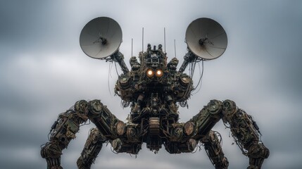 Large, intricate, mechanical creature against a cloudy sky.