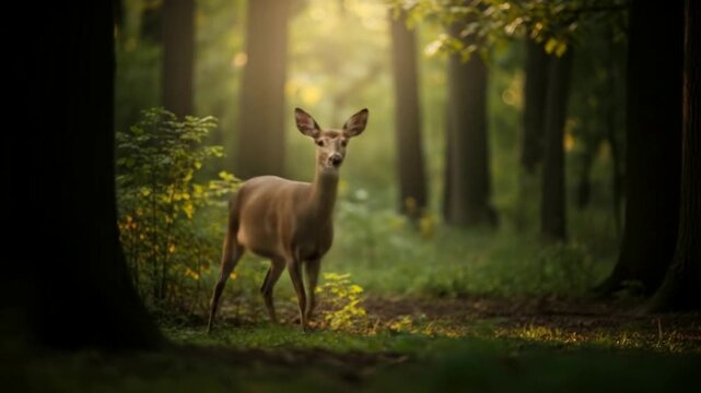Majestic deer pauses thoughtfully in sun-dappled forest, capturing serene wildlife beauty.