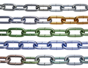 Colorful metallic chains in rows against white background representing connection
