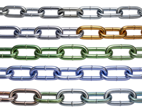 Colorful metallic chains in rows against white background representing connection