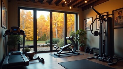 A modern home gym provides a private workout space with a view of autumn foliage outside a window.