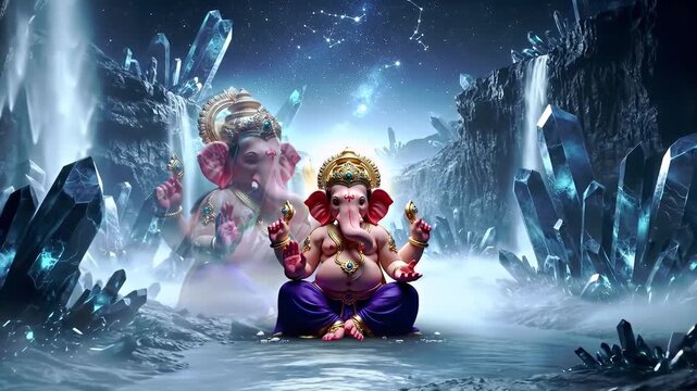 Mystical depiction of Lord Ganesha, surrounded by crystals and ethereal light.