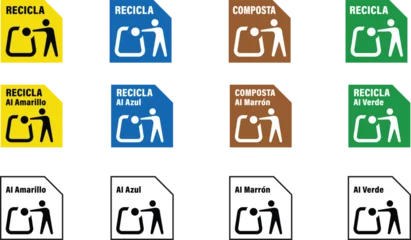Fotobehang Símbolo de reciclaje Multi Material España. Recycling Symbol. Packaging waste sorting information. Recycling symbol Compost Spain © POSMGUYS