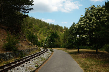 Scenic railway track curving through the forest in Mokra Gora, Serbia, under a bright blue sky.