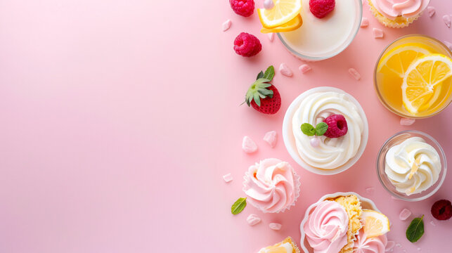 Fresh and Colorful Dessert Display on Pink Background with Fruits