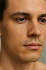 Obraz premium Close-up of young man's face with natural skin texture, neutral expression, and minimal grooming. Skincare, wellness, and self-care concept in soft lighting.