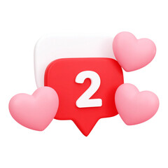 A 3D rendered notification bubble displays "2" with three pink hearts, symbolizing online engagement or social media likes.