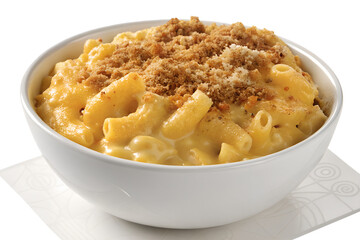 A delicious bowl features creamy macaroni and cheese enriched with a savory cheese sauce. The dish is generously topped with a layer of crispy breadcrumbs that add texture and flavor