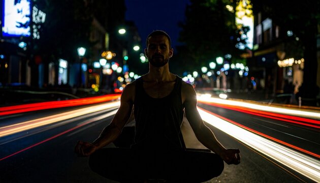 A man practices meditation in a vibrant cityscape at night, illuminated by streaking light trails from passing vehicles. The dynamic scene contrasts tranquility with urban energy.