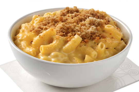 A delicious bowl features creamy macaroni and cheese enriched with a savory cheese sauce. The dish is generously topped with a layer of crispy breadcrumbs that add texture and flavor