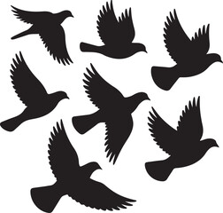 Obraz premium Set of flying dove silhouettes. Vector illustration of a flock of birds in various flight poses isolated on a white background.