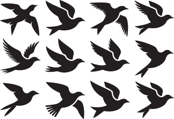Fototapeta premium A collection of twelve flying bird silhouettes. Set of vector icons depicting swallows and martins in various flight poses.