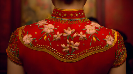 Silk qipao collar embroidered with peony and star patterns, showcasing ceremonial elegance.