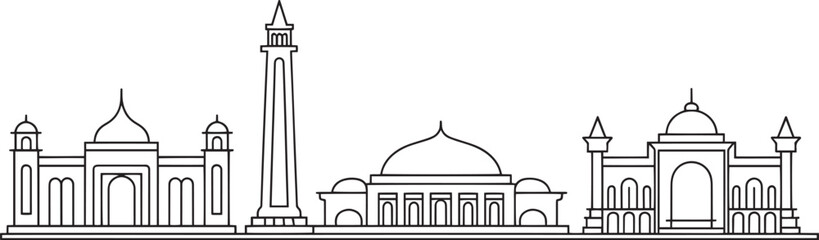 Detailed Line Art of Mosque Skyline Silhouette Vector Illustration on Transparent Backdrop