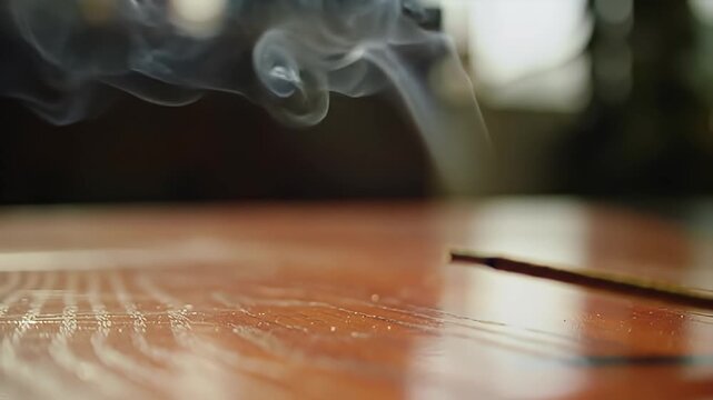 Wispy smoke rises from an incense stick on a wooden surface, out-of-focus background