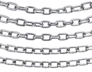 Detailed close up of multiple shiny silver chains isolated on white background