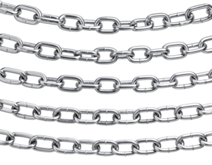 Detailed close up of multiple shiny silver chains isolated on white background