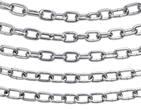 Detailed close up of multiple shiny silver chains isolated on white background