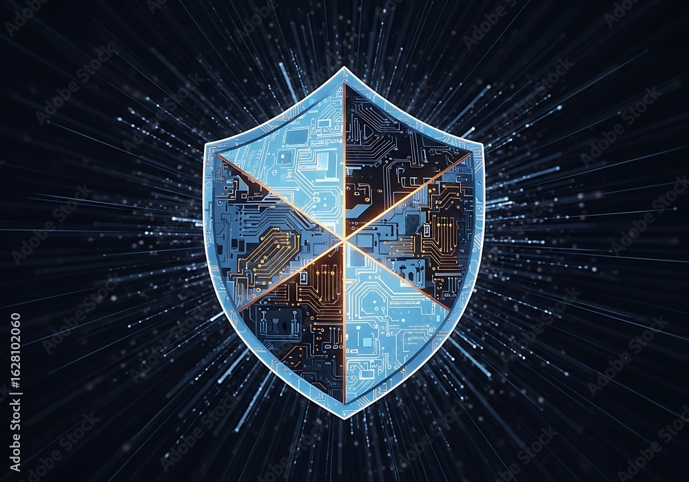 Poster digital shield representing cyber security and data protection