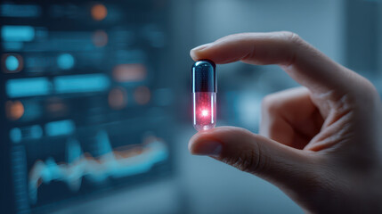 Hand holds transparent capsule with glowing red light inside, set against background of digital data displays, suggesting advanced technology and innovation
