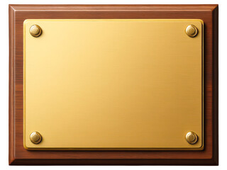 Blank golden brass plaque mounted on a wooden frame isolated on a transparent background
