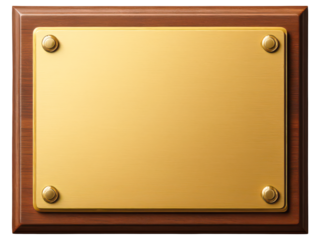 Blank golden brass plaque mounted on a wooden frame isolated on a transparent background