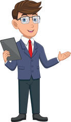 Young businessman holding mobile phone tablet cartoon