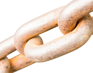 Detailed rusty metal chain segment close up against a gray background