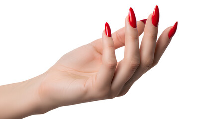 Female hand with red manicure isolated on transparent background. A long, elegant, painted fingernail. Beauty, nail art. Template for design, cosmetics. PNG