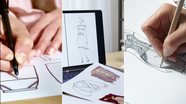 Sketches of drawings of clothes. Fashion design concept. Collage of creating women's dresses.
