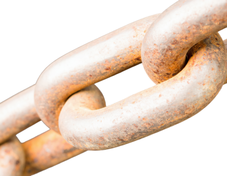 Detailed rusty metal chain segment close up against a gray background
