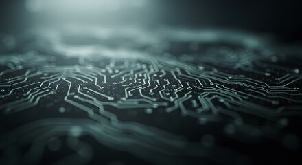 A closeup view of a dark surface with glowing circuits The circuits look like pathways