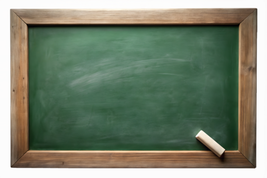 Green chalkboard with a rustic wooden frame and a piece of chalk, isolated on a transparent background, ideal for educational or creative use
