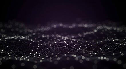 A dark background features a web of white lines and blurred circular dots creating a modern futuristic pattern