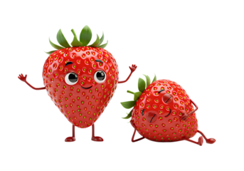 Two cute strawberry characters isolated on transparent background. A cartoon strawberry standing and another one lying down. Mascot, happy, funny, fruit. PNG
