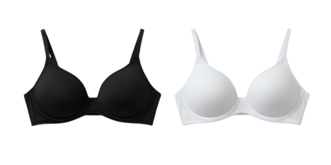 Black and white bra mockup isolated on transparent background, flat lay. Set of two push-up lingerie pieces. Seamless, elegant, underwear. Template for fashion, apparel. 