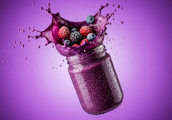 Flying Açai Jar with Dynamic Purple Splash and Berries