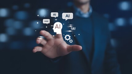 AI interaction in the digital age: A person reaches out towards floating AI elements, with abstract tech background. This image encapsulates the future of connectivity