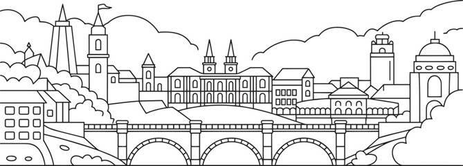 Fototapeta premium Detailed Line Art Skyline of Ljubljana Slovenia with Iconic Buildings and Landmarks on Hills