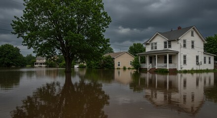 Obraz premium Submerged neighborhood under stormy skies reflecting flooded streets and houses