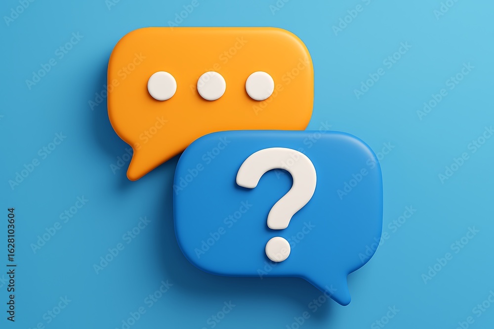 Poster two speech bubbles one with a question mark and one with ellipses