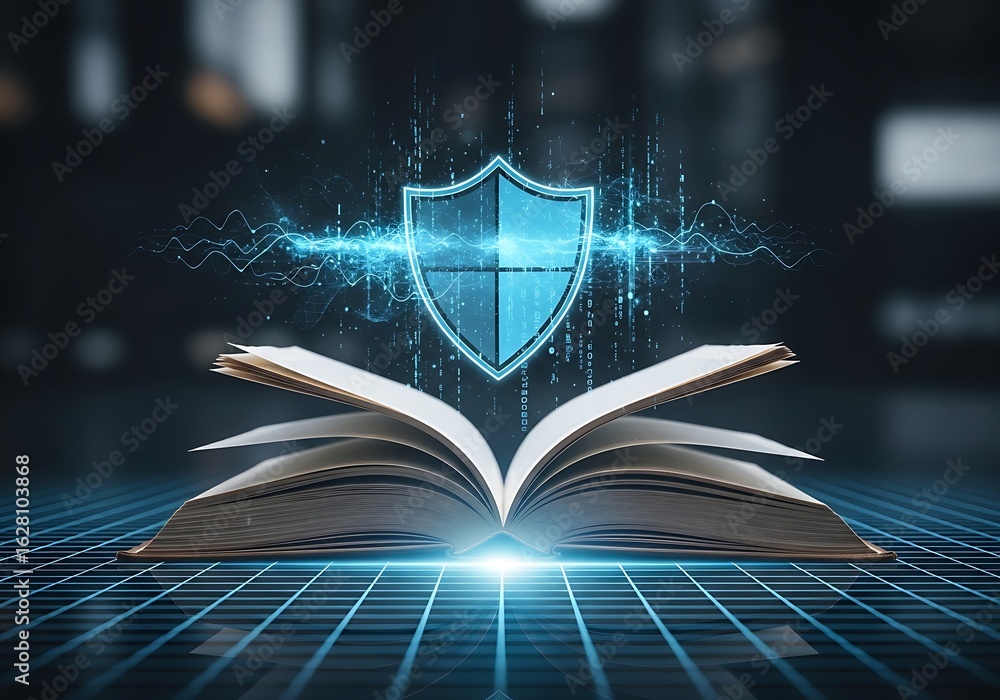 Poster open book with glowing shield and digital data