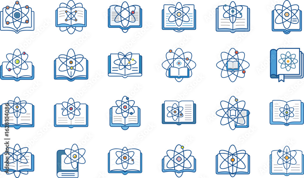 Poster collection of atomic structures inside open book icons representing science and education concepts