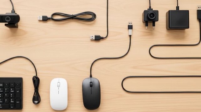 Computer peripherals and accessories arranged on a wooden desk surface in a flat lay composition