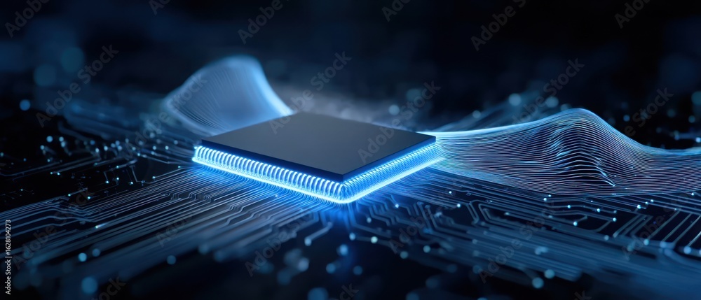 Poster glowing computer chip on circuit board
