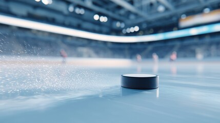 Hockey puck sliding on ice during an intense game in a well-lit arena full of energy and anticipation.