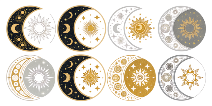 This collection showcases ten unique designs that combine celestial elements like moons and suns. Each piece displays intricate patterns, with a balance of colors including gold, silver, and black