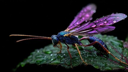A detailed close-up of a vibrant purple and blue insect with water droplets.