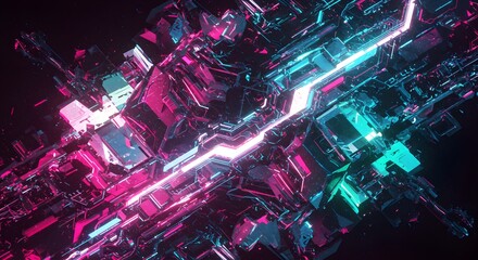 An abstract composition with sharp geometric structures highlighted by neon pink and turquoise lights on a dark backdrop