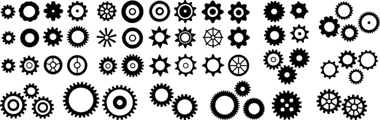 Gear icon set, cogwheel vector silhouettes, industrial parts collection,   black and white illustrationGear icon set,  mechanical engineering design,black and white illustration
